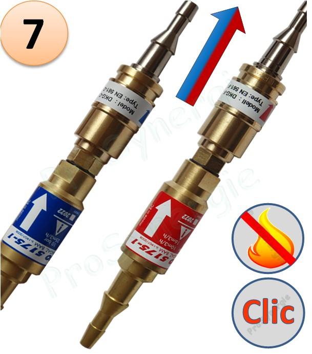 Raccord anti-retour pare flamme SafeGuard 2 + Raccord rapide Stoptac - Montage Tuyau - Oxygène ou gaz combustible - Entrée Tuyau 6-10 - Sortie Tuyau 6-10