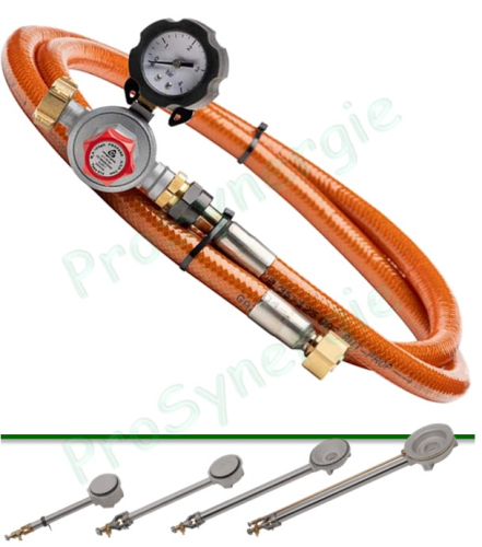Kit dalimentation comprenant un tuyau 1,2 m tressé inox et un détendeur réglable de 0,5 à 1,5 bar pour brûleur série EXP6XX
