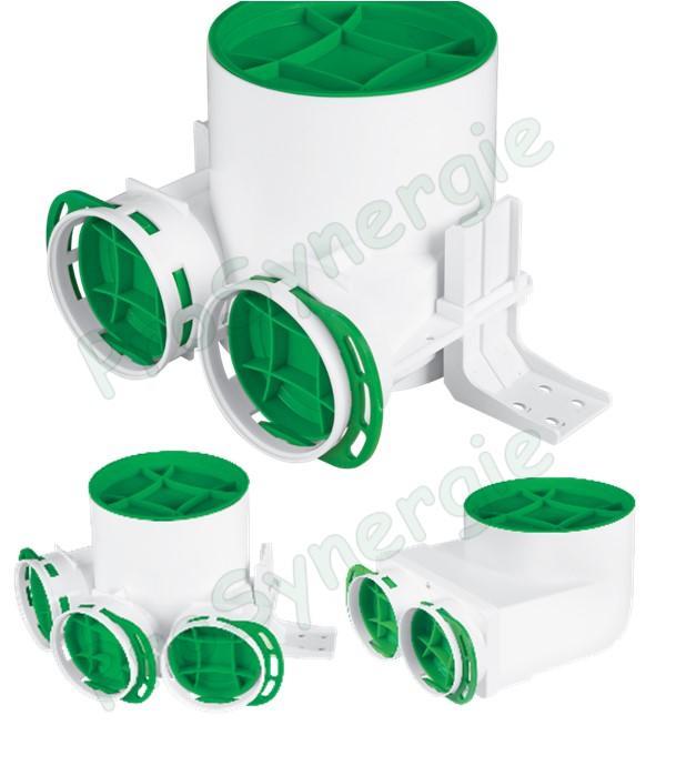 Manchette coudée de répartition, Ø125 - 2 ou 3 piquages Ø75 ou Ø90 pour réseaux de ventilation rond type Optiflex, avec ou sans pattes de fixation