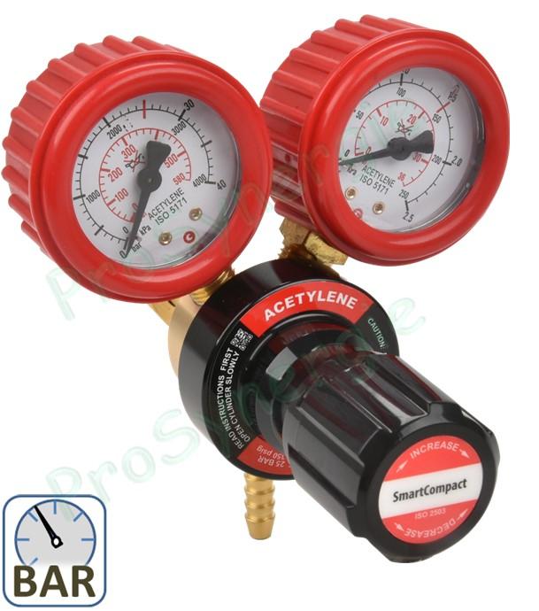 Détendeur Frontal SmartCompact Acétylène - 25 bars amont - 1,5 bars aval - Entrée arrière type H - Sortie olive pour tuyau Ø 6 mm