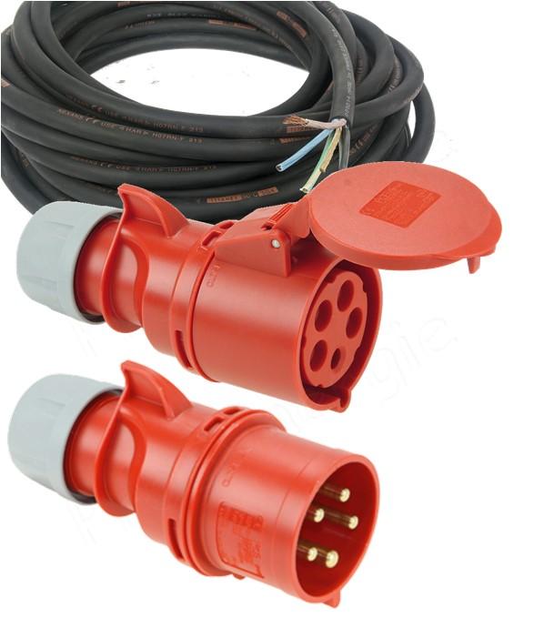 Kit Alimentation prises raccordement Mâle et Femelle 25A (maxi 12 kw) plus câble 5 x 6,0 mm² H07RN-F longueur 5 mètres avec conducteur de protection