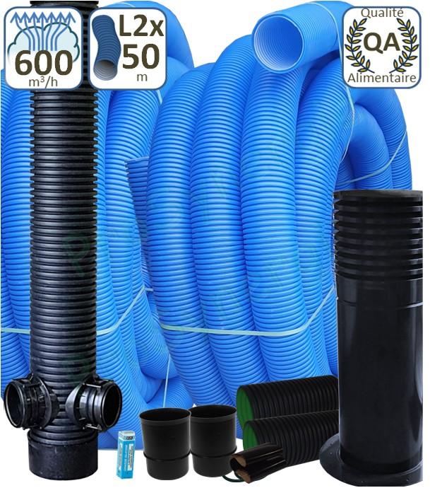 Kit puits canadien Performance 600m3/h (géothermie air), 2 échangeurs 50 mètres, prise d´air élégance, regard piquages soudés (ou joints) et 2 traversées dalle ou mur