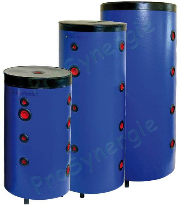 Bouteille sur pieds isolée cuve acier ou inox 304L de 100 à 500 litres jaquette skaï (chauffage et/ou climatisation) - 8 piquages latéraux + emplacement mesure et résistance