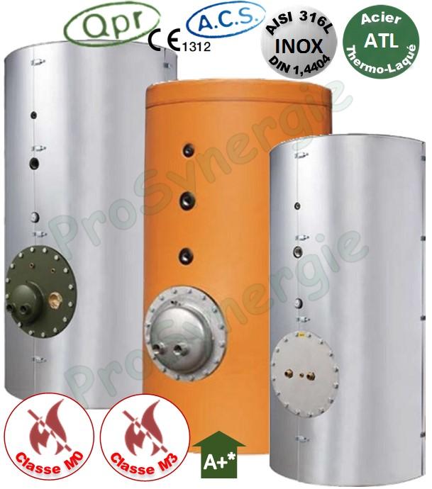Ballon +Eco Tampon ECS 1000 Litres Vertical sur pieds Inox 316L T<95°C -1 trous d´homme DN 400 Isolant Classe M0 ép.100mm - HxØ=2375x1000mm + Réchauffeur PAC 28KW (55/47°C -> 10/45°C)