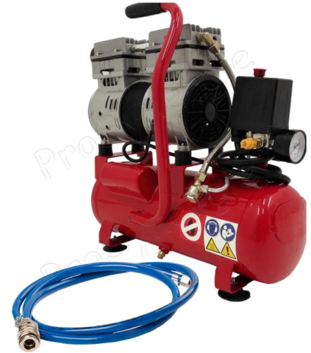 Kit Compresseur alternatif sans huile 7 bars 110 l/min cuve de 8 litres 57dB - 230 V 0.55Kw avec flexible 1.5m et raccords