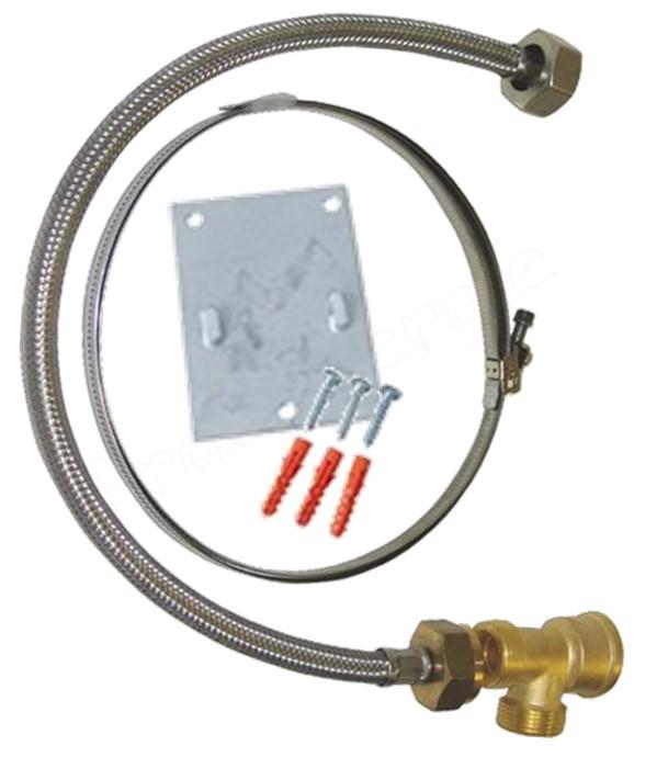 Kit fixation et raccordement pour vase d´expansion sanitaire (jusqu´à 18 litres) pour chauffe eau (équère + collier, té de dérivation et flexible)