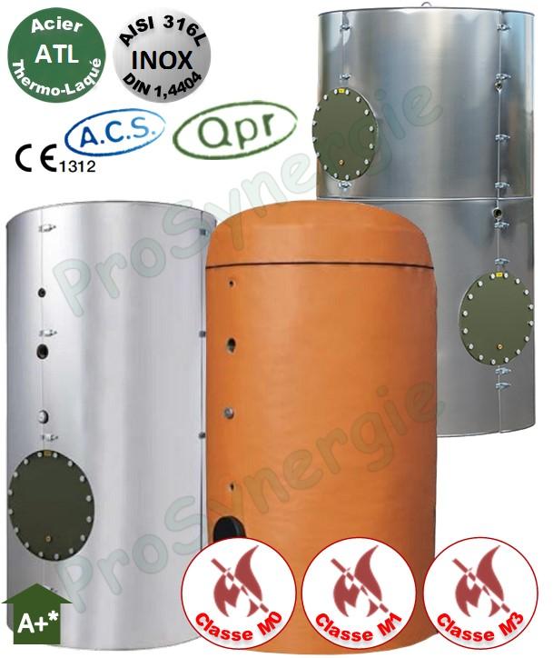 Ballon +Eco Tampon ECS 1000 Litres Vertical sur pieds ATL T<85°C -2 trous d´homme DN 400 Isolant Classe M0 ép.100mm - HxØ=1975x1100mm