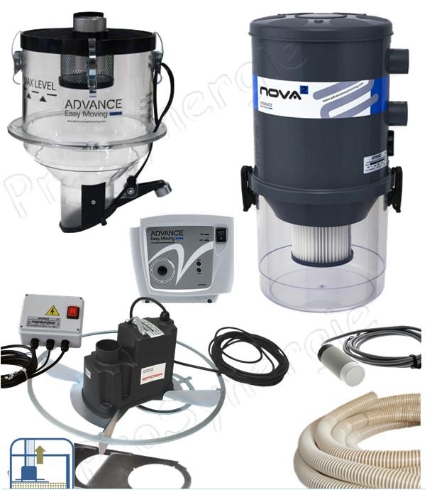 Kit automatique transfert de granulés depuis stockage fond plat avec une taupe (suspendu au plafond), vers remplissage d´un poêle/chaudière avec un doseur