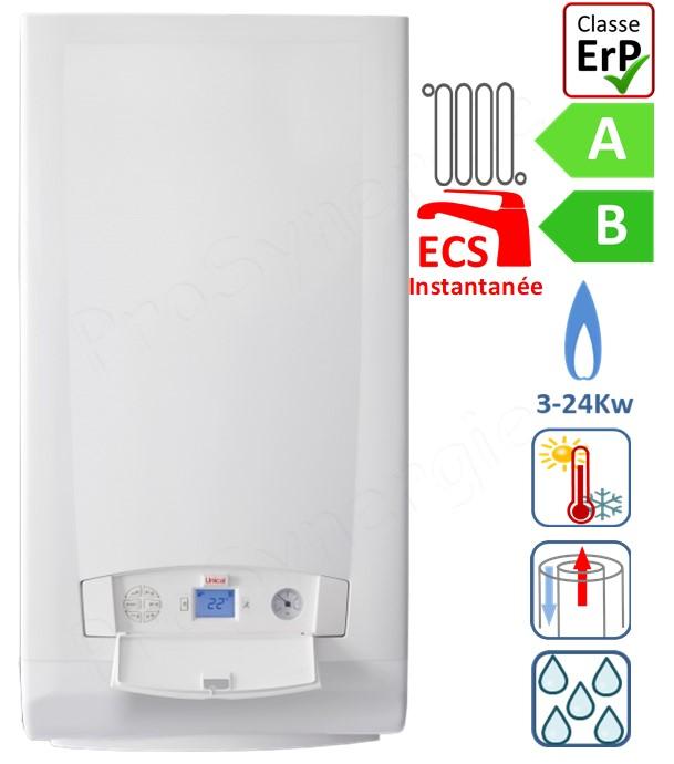 UNIKe - Chaudière murale Gaz Nat. & GPL 3,2 à 23,6Kw condensation mixte (chauffage + ECS instantantané) raccordement ventouse Øint/ext 60/100mm - HxLxP=700x420x345mm
