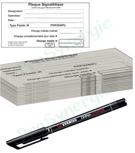 Lot de 50 étiquettes réglementaires (+ marqueur)  Plaque signalétique  70x130 mm (description gaz frigorifique installation climatisation)