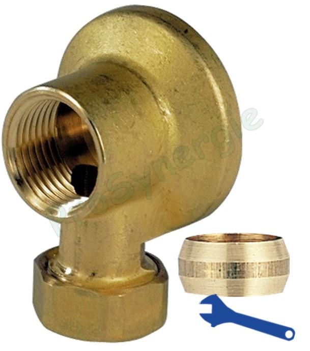 Applique murale laiton brut racc. 90° à visser F 1/2´´ serrage ext. (bicône) cuivre Ø 12 ou 14 mm