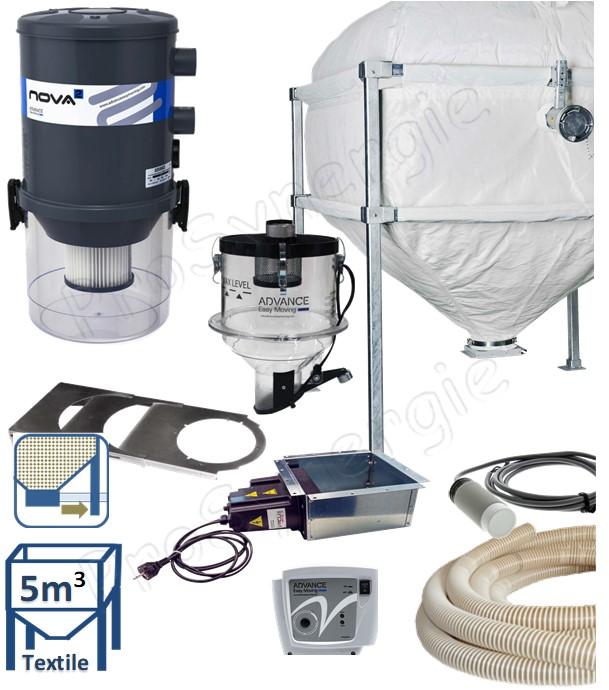 Kit automatique transfert de granulés à partir du bas d´un silo de stockage textile (3,8 à 5,2m³) avec une cassette à débourrage + registre, vers le remplissage d´un poêle/chaudière avec un doseur et aspirateur filtrant