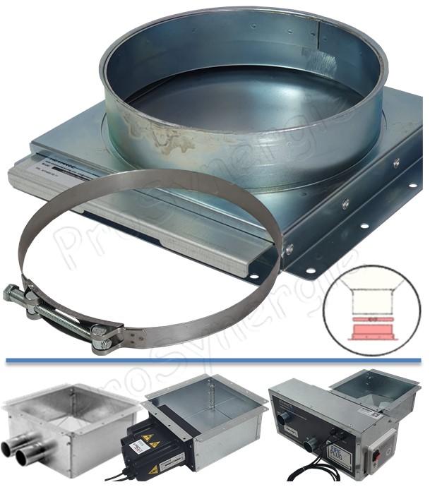 Adaptateur cassette LxLxEp.= 323x323x35mm raccord circulaire silo toile Ø 300mm + collier avec registre ´´guillotine´´ intégré
